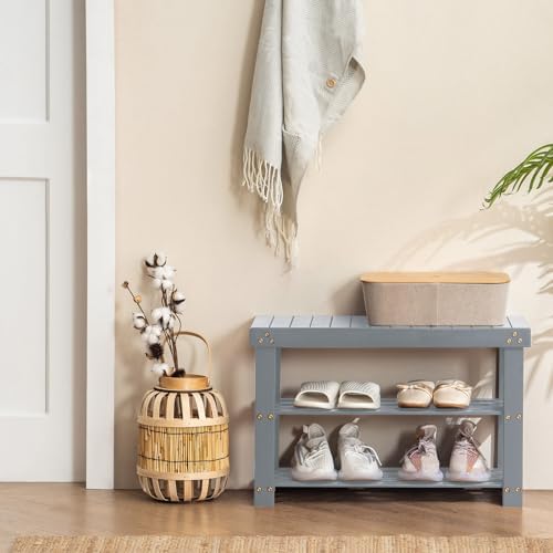 Apicizon Bamboo Shoe Rack Bench, 3-Tier Entryway Organizer, Gray - Image 2