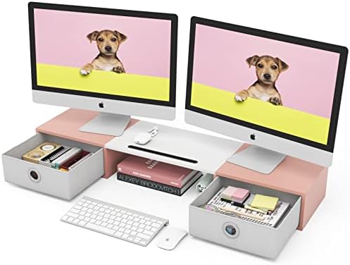 WESTREE Dual Monitor Stand Riser with Two Drawers, Extra Large Storage Monitor Stand for 2 Monitors, Desktop Oraganizer Stand for Computer,Laptop,Screen,Printer,TV by WESTREE