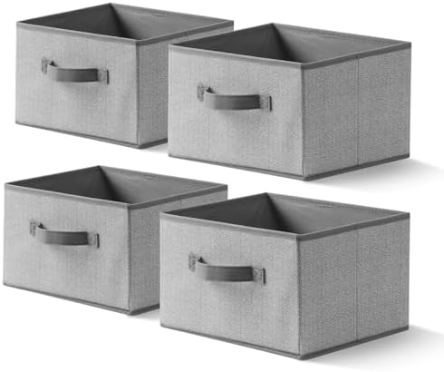 Storage Baskets, 11-Inch Woven Fabric Bins, Storage Cubes with Reinforced Handles, Organizer Bins for Closet Shelves, Foldable, for Toys, Clothes (4PCS/Grey-11*11*7.8inch) by EITMOW