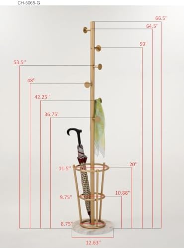 KB Designs - Gold Metal Hall Tree Coat Rack Stand with Umbrella Holder for Entryway Hanging Clothes, Hats, Bags - Image 3