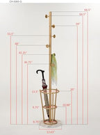 KB Designs - Gold Metal Hall Tree Coat Rack Stand with Umbrella Holder for Entryway Hanging Clothes, Hats, Bags - Image 3