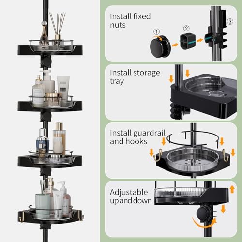 akinbas 360° Rotating Shower Caddy Tension Pole with 4-Tier Rustproof Lazy Susan 35-128 Inch No Drilling Coner Shelves Adjustable Shower Rack for Bathroom Bathtub Washbasin Plant Storage (Black) - Image 5