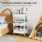 3 Tier White Rolling Cart with Wood Table Top,Metal Storage Organizer Carts - Image 6
