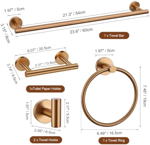 TURS Brushed Rose Gold 5 Piece Bathroom Hardware Set, SUS304 Stainless Steel Bath Towel Bar Set, Round Bathroom Accessories Kit Wall Mounted 23.6 Inch - Image 7