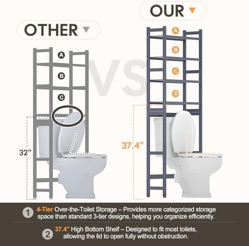 Homde Bathroom Over Toilet Storage Rack: Adjustable 4-Tier Bamboo (Grey) - Image 4