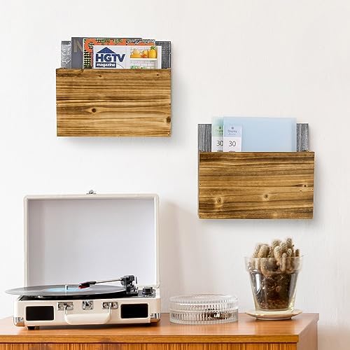MyGift Wall Mounted Magazine Holder, Solid Gray and Burnt Wood Document Paper File Folder Rack, Home Office Dorm Room Organizer, Set of 2 - Image 3