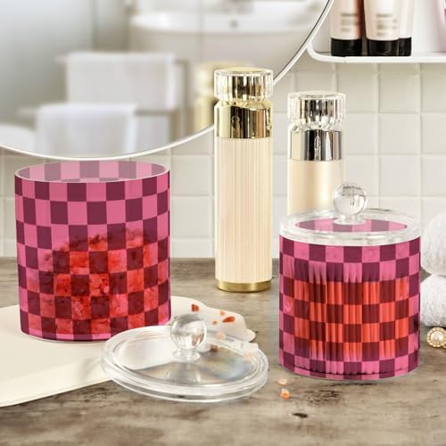 Checkered Hot Pink Qtip Holder Waterproof Dustproof Apothecary Jars with Lids For Bathroom Cotton Swabs Makeup Sponges Floss Picks Bath Salts 2 Pack - Image 4