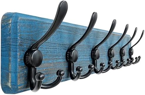 Dseap Coat Rack Wall Mounted - 24" Long 6 Tri Hooks, Heavy Duty Wooden Wall Coat Hanger Coat Hook for Clothes Hat Jacket Clothing, Weathered Blue and Black by Dseap