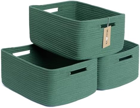 MiniArk Large Storage Baskets for Shelves, 17 x 13 x 7.5” Closet Organizers Bins for Clothes Blanket Towels, Baby Nursery, Toy Baskets Box, Woven Rope Baskets, 3 Packs Green by MiniArkStorageBasketsHome