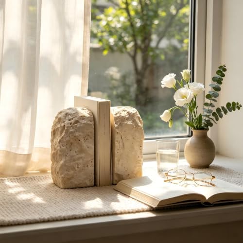 Heavy Duty Travertine Bookends for Heavy Books - 15Lb Decorative Stone Book Ends Set of 2 for Shelves Desk, Natural Organic Modern Book Stoppers for Home Office Coffee Table Cookbooks Bookshelf Decor - Image 3
