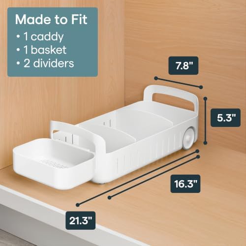 YouCopia RollOut Caddy Rolling Storage Bin with 2 Adjustable Dividers and Removable Basket for Kitchen and Bathroom Under Sink Organization, 8" Wide - Image 3