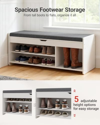 Amada 39.4" Shoe Storage Bench, Entryway Bench with Cushioned Seat, White - Image 3