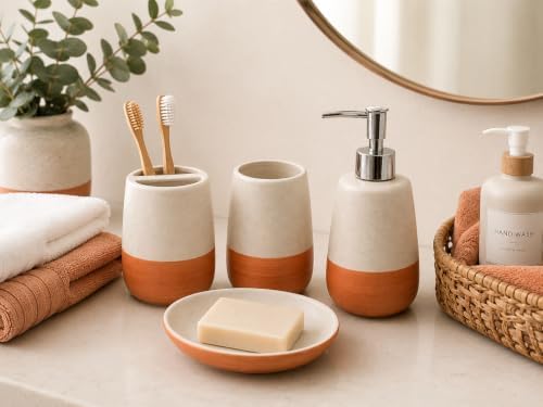 4 Piece Ceramic Bathroom Accessories Set, Soap Dispenser, Toothbrush Holder, Tumbler and Soap Dish, Speckled White & Terracotta Bathroom Counter Set, Modern Boho Farmhouse Decor 2. Product Description - Image 4
