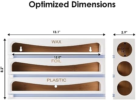 Bamboo Wrap Dispenser with Cutter, Plastic Wrap Organizer, Aluminum Foil Organization, and Wax Paper Dispenser Holder for Kitchen Drawer and Wall, Compatible with 12" Roll (02 White) - Image 5