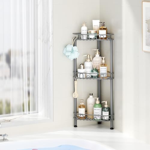SWTYMIKI Standing Shower Caddy Corner - 3‑Tier Stainless Steel Shower Organizer Shelf with 12 Hooks and Adhesive Pads, Rustproof Corner Shelves Stand Rack for Bathroom Shower Room, Gray - Image 5
