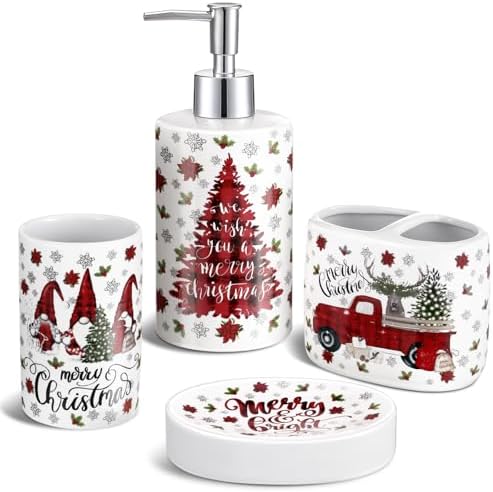 4 Pcs Christmas Ceramic Bathroom Accessories Gifts Xmas Bath Tumbler Xmas Tree Soap Dispenser Toothbrush Holder Soap Tray Merry Christmas Bathroom Decorations(Red and Black Plaid) by Unknown