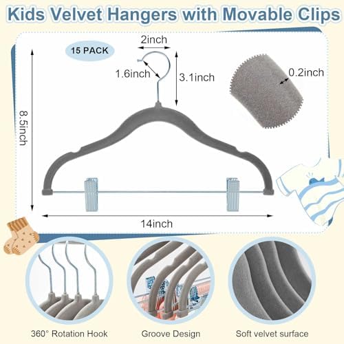 Vesici 14 Inch 15 + 30 Pcs Extra Large Kids Velvet Hangers with Movable Clips, Non Slip Felt Clothes Hangers for Kids and Preteens, Heavy Duty and Space Saving for Pants, Skirts, Coat, Gray - Image 2