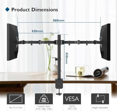 BONTEC Dual Monitor Desk Mount, 13-27 Inch, 22lbs, VESA 75x75/100x100,Black - Image 5