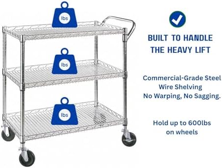 Heavy Duty 3 Tier Rolling Utility Kitchen Cart on Wheels,Large 45"L x 17 1/2"D x 45"H Metal Serving Cart Commercial Grade with Wire Shelving and Handle Bar for Office School Church Kitchen Hardware - Image 4