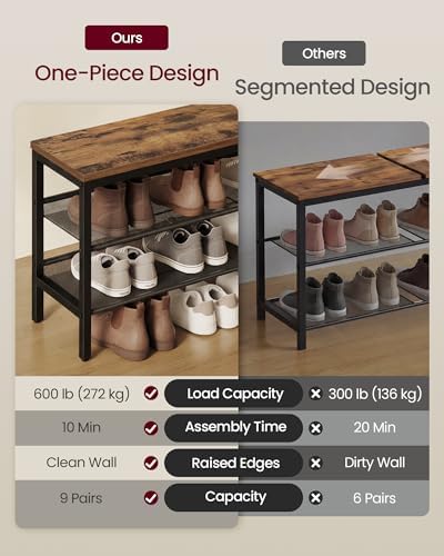 VASAGLE 3 Tier Shoe Rack Bench, One Piece Shelves, Shoe Storage Organizer with Raised Edges, Industrial Style, Easy Assembly, 11 x 29.5 x 19.7 Inches, Rustic Brown and Matte Black ULSB070KD01S - Image 4