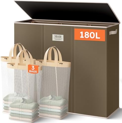 SOLEDI 180L 3-Section Laundry Hamper with Lid, Extra Large Dirty Clothes Basket with Sturdy Handles for Laundry Room & Bedroom - Durable Organizer for Sorting Laundry by SOLEDI