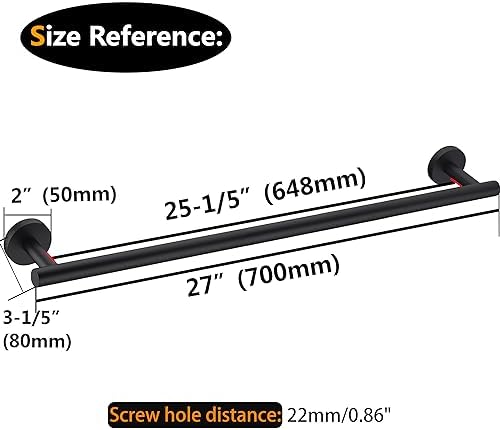 Towel Bar for Bathroom Matte Black, 27Inch Towel Rack Wall Mounted, Thicken Round Bath Towel Holder Rod SUS304 Stainless Steel, Heavy Duty Dish Cloths Hanger for Bathroom, Kitchen - Image 5
