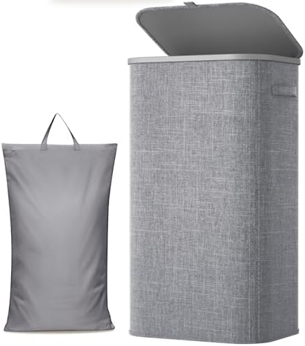 Lifewit 105L Large Laundry Basket with Lid, Laundry Hamper with Plastic Handles and Removable Bag, Foldable Tall Dirty Clothes Hampers for Laundry for Laundry Room, Bedroom, Bathroom, Dorm, Light Gray by Lifewit