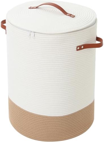 16"x20" Extra Large Cotton Rope Basket with Zipper Lid, Woven Laundry Hamper and Blanket Storage Basket, Round Clothes Bin for Living Room Bedroom, Cream & Camel by Cottonphant