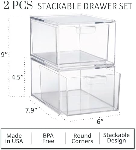 STORi Audrey Stackable Clear Bin Plastic Organizer Drawers | 2 Piece Set | Organize Cosmetics and Beauty Supplies on a Vanity | Made in USA - Image 3
