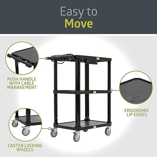 Pearington 3-Shelf Mobile Utility Cart with 3 Outlets and 8' Cord, Heavy-Duty Service Cart for Offices and Warehouses with 3 Shelves, Black - Image 3