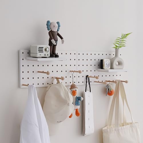 Wooden Pegboard Accessories Set: Modular Wall Hooks & Shelf for Garage, Office & Home Organization(White Colored Finish-B) by CreatedOn2005
