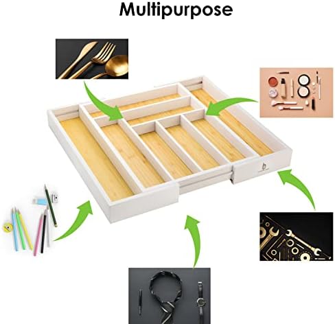 Bamboo drawer organizer, utensil holder, silverware organizer, and adjustable cutlery tray with drawer dividers, for kitchen, office desk, and bathroom storage (White) - Image 4