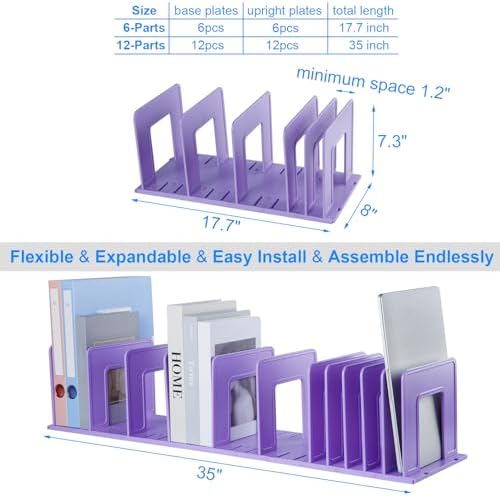 Adjustable Vertical File Sorter Sturdy Plastic Expandable Upright File Holder, Desktop Binder Organizer, School Office File Organizer Bookshelf Divider, Assemble Easily Endlessly, Purple - Image 2