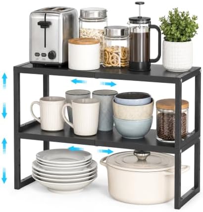 2 Pack Expandable Kitchen Cabinet Shelves Organizer, Stackable Adjustable Cabinet Storage Rack For Kitchen Cabinet, Heavy Duty Metal Shelving Units And Storage For Bowl, Spice, Small Appliance, Black by X-cosrack