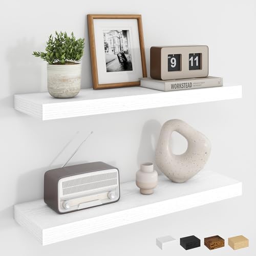 Dreamland 24Inch Floating Shelves for Wall, Rustic Wooden White Floating Shelves for Bathroom|Bedroom|Kitchen, Deep Wall Mounted Book Shelf, Wood Storage Display Shelf for Home Decor, Set of 2 by Dreamland