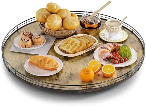 Lazy Susan Turntable Organizer for Table Top, 24’’ Round Wooden Lazy Susan for Cabinet Kitchen Countertop Pantry Dining Coffee Table for Condiments Spices, Rustic Bathroom Vanity Tray for Soap Candle by HGF
