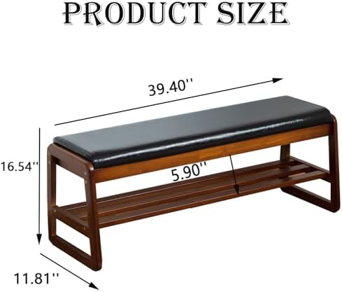 latifolia Solid Wood Bench, Entryway Shoe Bench with Cushion, 2 Tier Shoe Storage Organizer for Hallway, Living Room(Black,39.70''L) - Image 2
