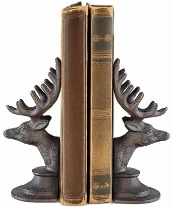 Decorative Bookend Deer Head Antler Book Ends Heavy Duty Cast Iron Vintage Shelf Decor, Antique Brown by REMENNA