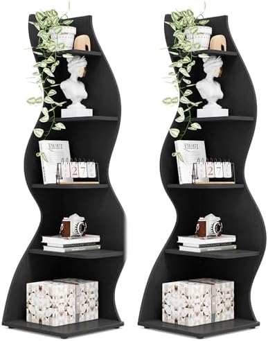 Tribesigns Corner Shelf, Modern 5-Tier Wall Corner Bookshelf, Stylish Corner Small Bookcase Storage Rack Plant Stand with Unique Shape for Living Room, Home Office, (2PCS, Black) by Tribesigns