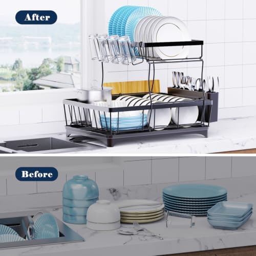 Large Dish Drying Rack for Kitchen Counter, Detachable Large Capacity Dish Drainer Organizer, 2-Tier Dish Racks with Utensil Holder, Black - Image 6