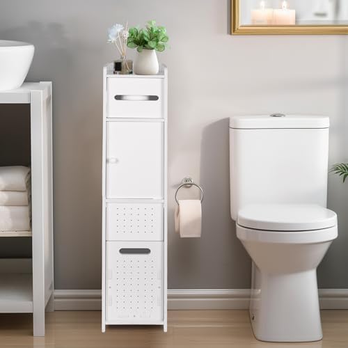 ShellKingdom Toilet Paper Holder Stand with Trash Can, Slim Bathroom Storage Cabinet Shelves, Storage Cabinet for Bathroom Small Spaces, 33.5 x 8.7 x 6.7 inch by ShellKingdom