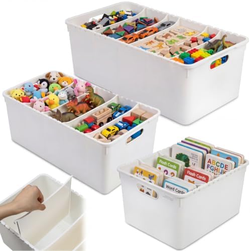 Set of 3 Large Plastic Storage Bins, Removable Adjustable Dividers by Romooa