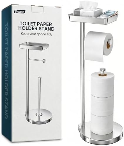 theaoo Toilet Paper Holder Stand with Shelf, Flushable Wipes Dispenser, Free Standing Toilet Tissue Roll Storage Rack Organizer for Bathroom (Silver, Free Standing - with Storage) by theaoo