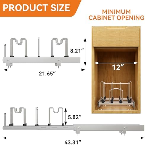Pull Out Pots and Pans Organizer Under Cabinet, Sliding Adjustable Pot Rack with 9 Adjustable Dividers, Chrome-Plated Pot and Pan Holder Rack, Full-Extension Rail for Kitchen Organization 12" W*22" D - Image 6