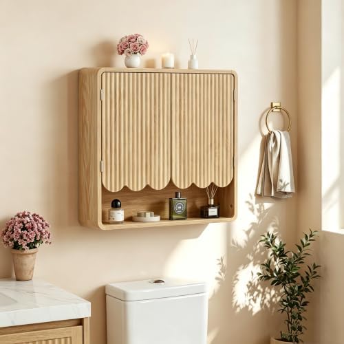 AVZEAR Fluted Bathroom Wall Cabinet Over the Toilet Storage Cabinet, Scalloped Medicine Cabinet with Adjustable Shelf, Wall Mounted Bathroom Cabinets, Natural by AVZEAR