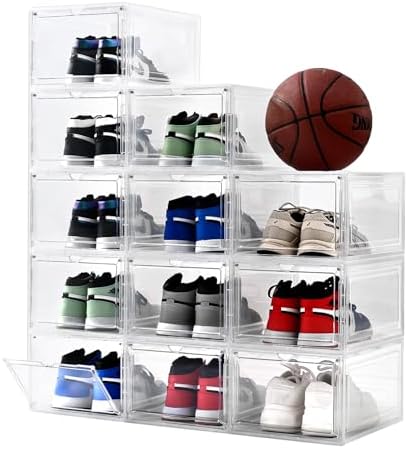 Shoe Organizer,Thicken & Sturdy Shoe Boxes with Magnetic Door,Stackable Plastic Shoe Storage Boxes Containersfor Sneakers,13.5" x 10.5" x 7.4" (Clear, 12 Pack) by UniHIMO