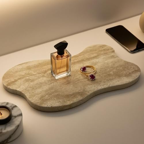 Cloud Shaped Travertine Vanity Tray, 13.3 x 8.3 Inch Natural Stone Decorative Catchall Tray for Bathroom Countertop, Beige Marble Jewelry Dish Perfume Tray for Coffee Table Dresser Nightstand by Unknown