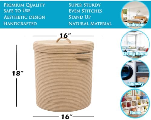 16x18 Inch Extra Large Round Cotton Rope Storage Basket with Lid, Decorative Woven Bin with Cover for Living Room Bedroom Closet, Beige - Image 2