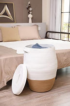 26"x20" Handcrafted Tall Cotton Rope Basket with Lid, Stylish Flagon Shape with Cover, Clothes Hamper with Top, for Bedroom and Living Room, White/Camel Bottom - Image 2