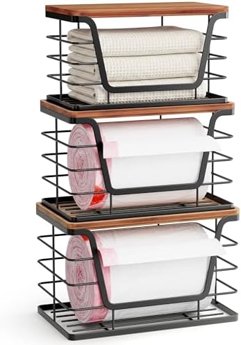 ALOCEO 3 Pack Stackable Storage Bins with Lids, Stainless Steel Trash Bag Dispenser Roll Holder for for Kitchen Sink, Laundry, Pantry Organizer and Storage, Walnut Black by ALOCEOWallHooksAdhesive